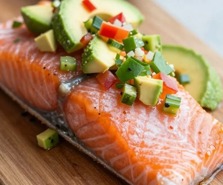 High protein salmon with avocado salsa served on a plate