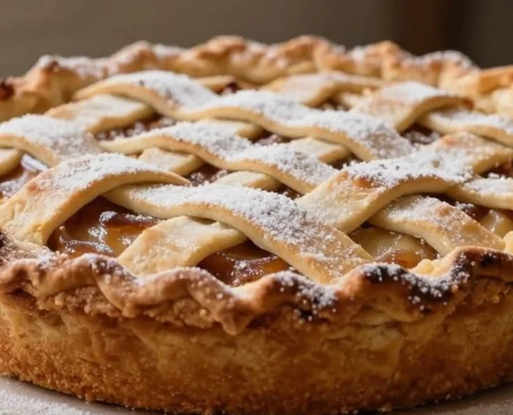 Homemade apple pie cake served on a plate with a slice cut out