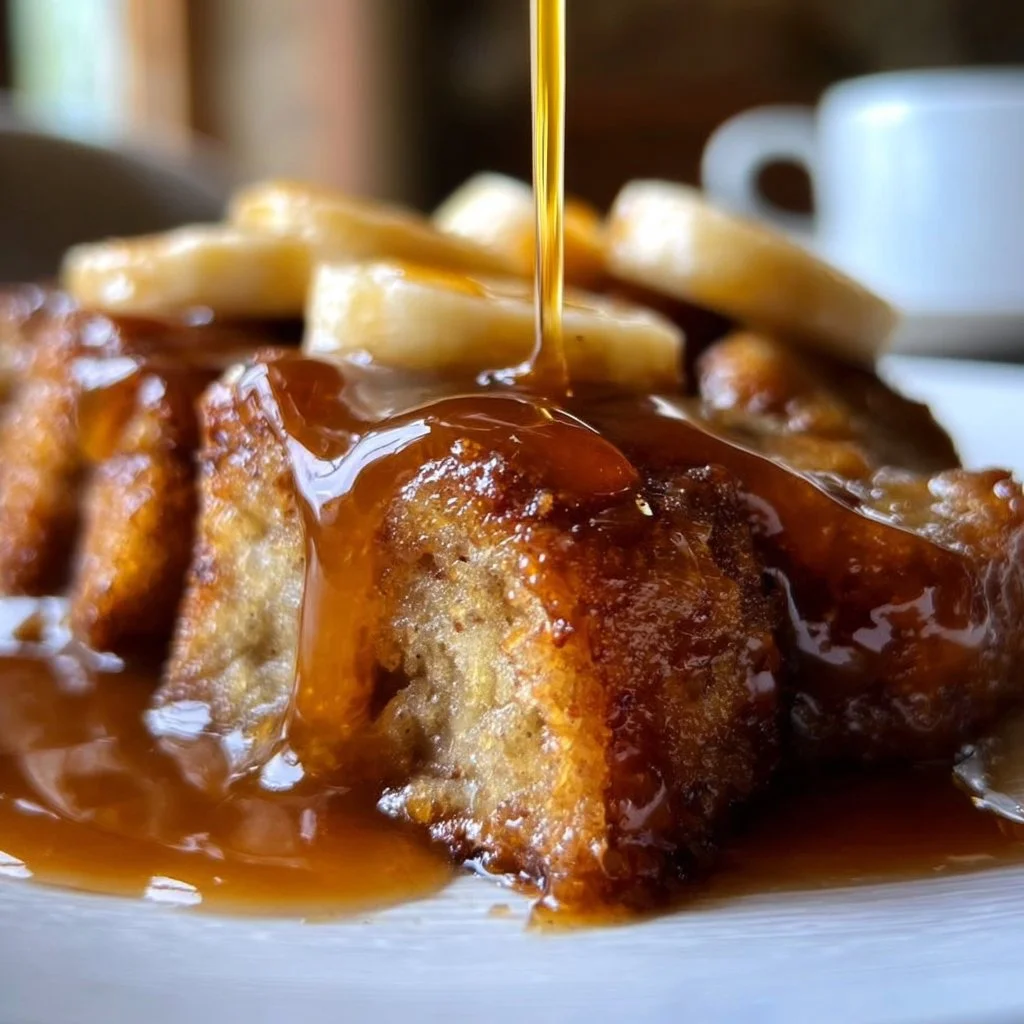 Delicious homemade banana syrup poured over pancakes