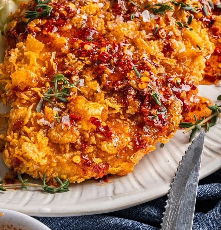 Plate of Hot Honey Chicken garnished with herbs and spices
