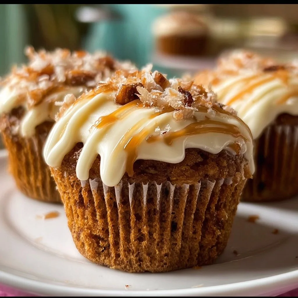 Delicious hummingbird cupcakes topped with cream cheese frosting and pecans