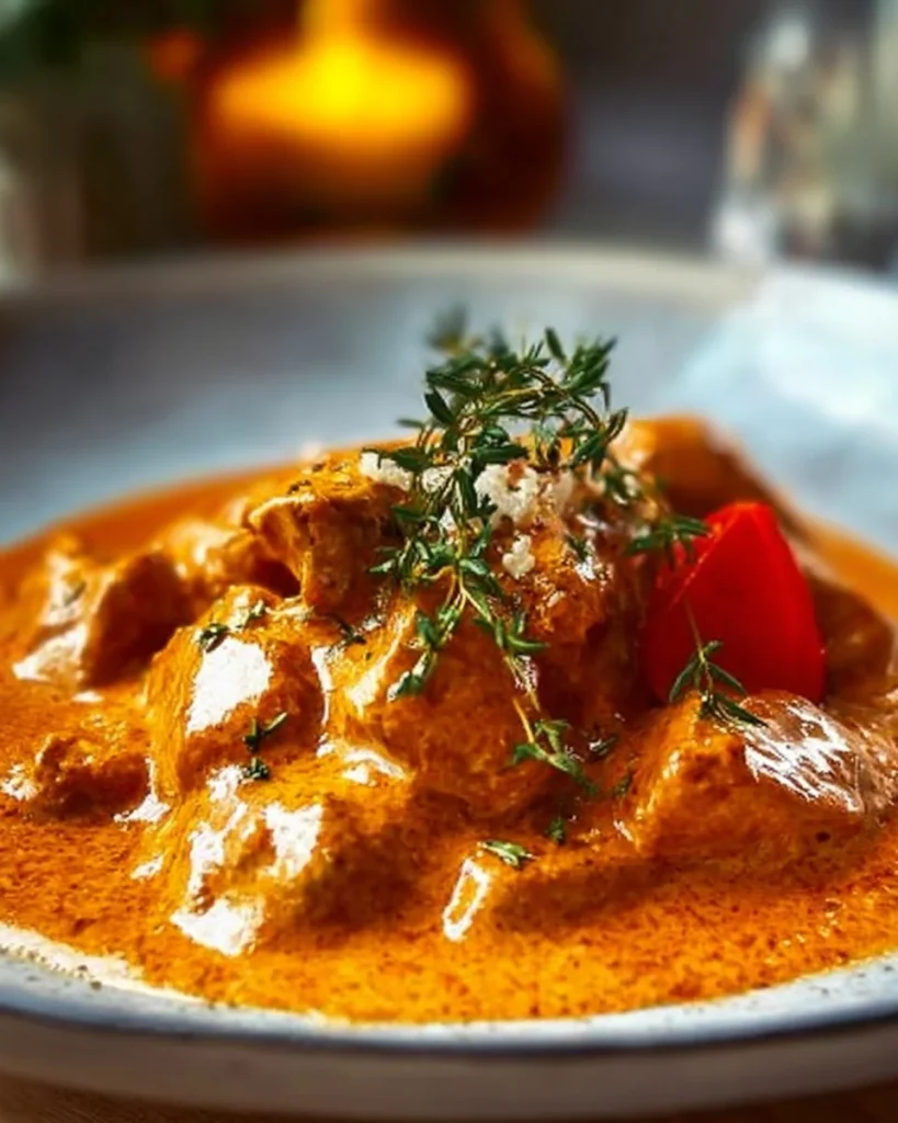 Delicious bowl of Hungarian Chicken Paprikash served with noodles and fresh herbs