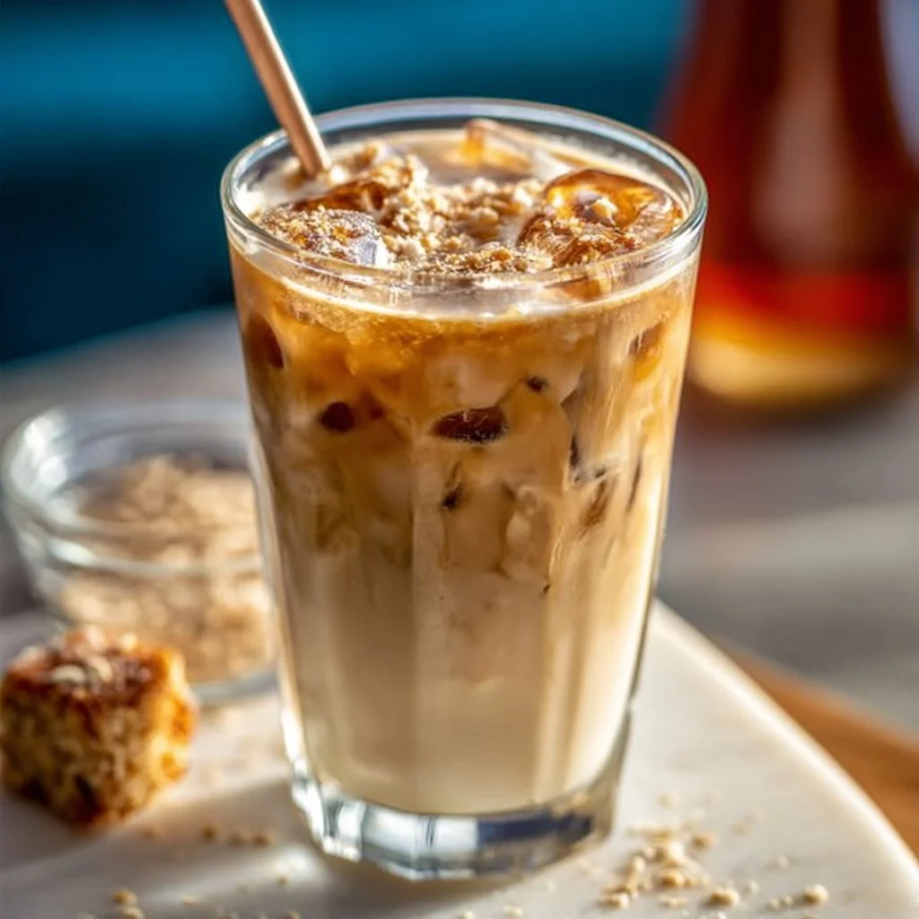 Iced Brown Sugar Oatmilk Shaken Espresso topped with foam and brown sugar drizzle