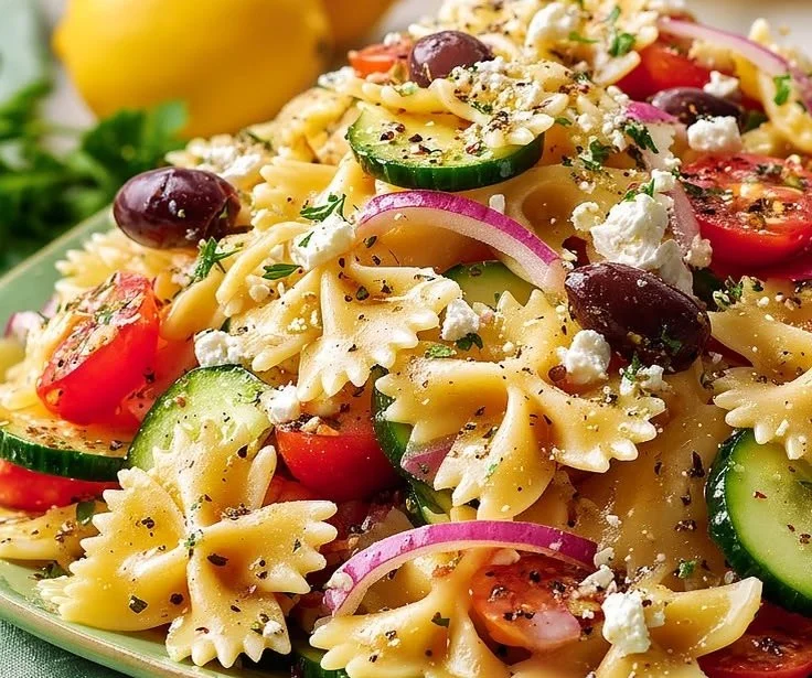 Delicious Mediterranean pasta salad with colorful veggies and herbs