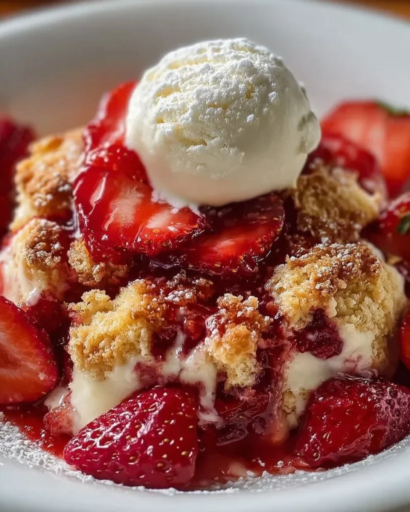 Delicious white chocolate strawberry cobbler served in a dish