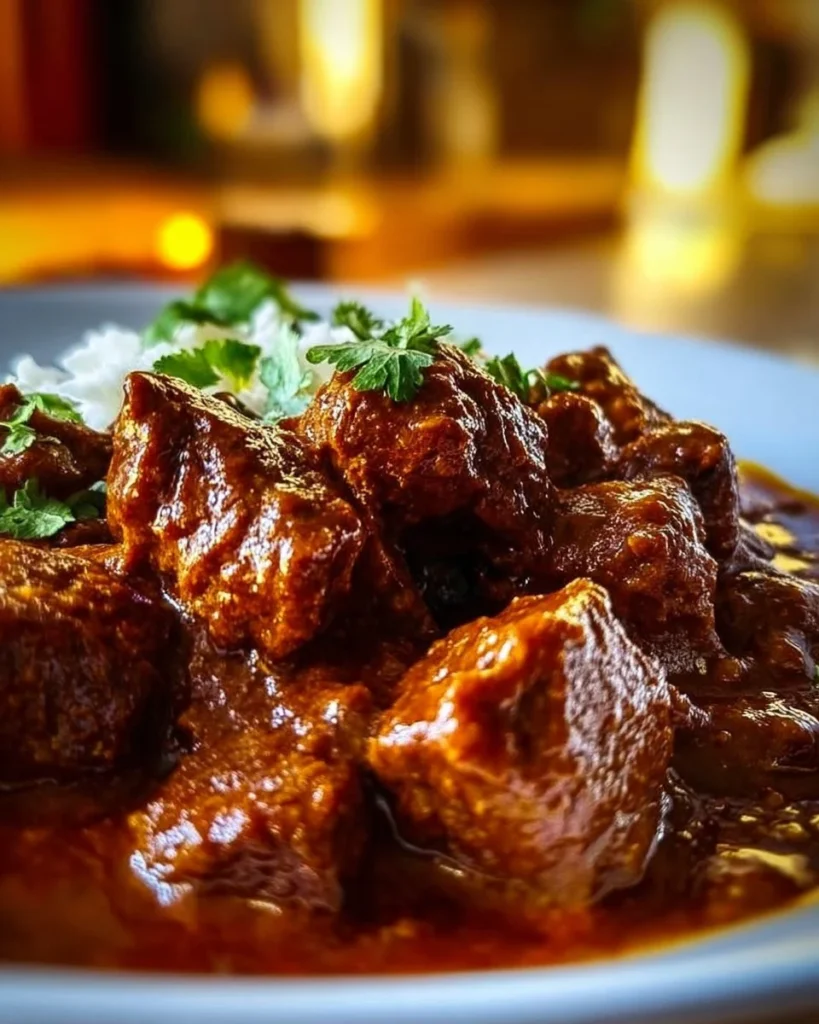 Bowl of spicy Beef Vindaloo served with rice and garnished with fresh cilantro