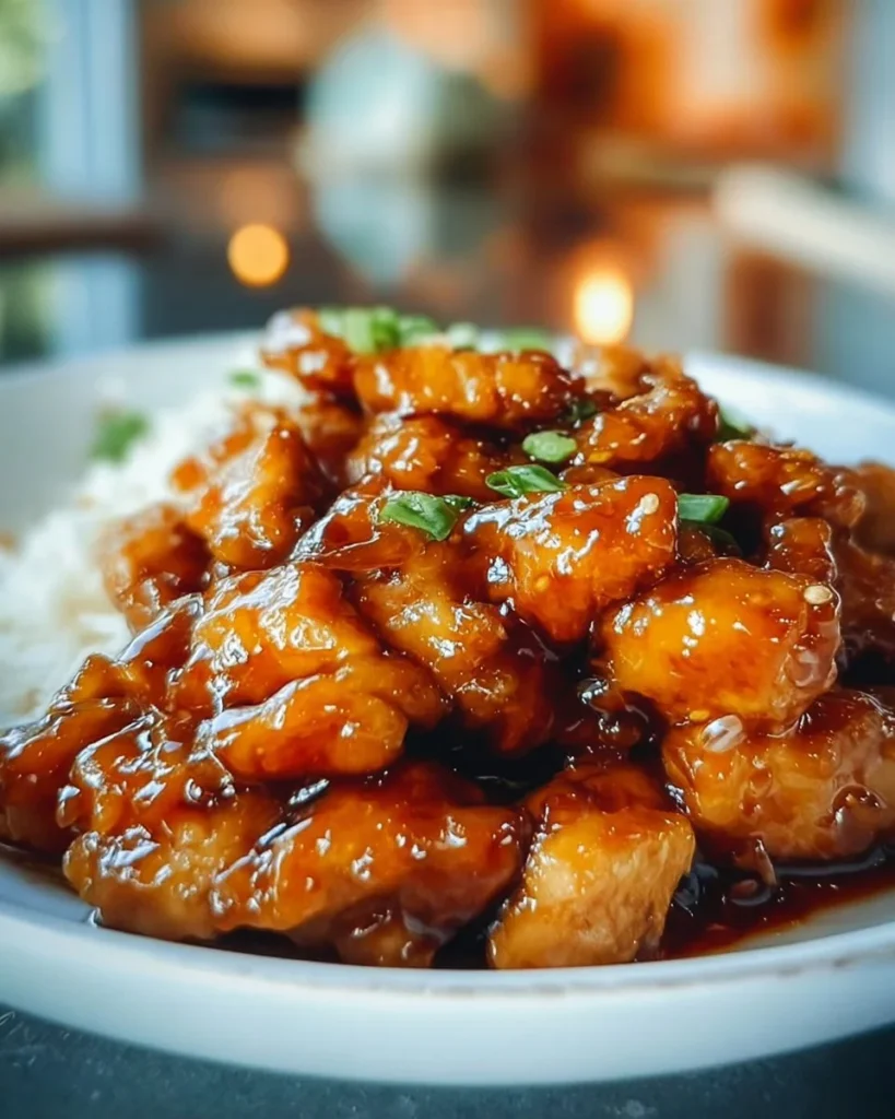 Plate of sticky honey ginger chicken garnished with fresh herbs
