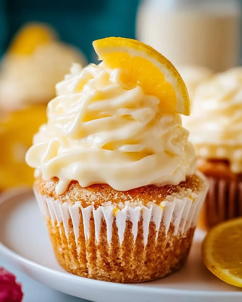 Lemon cupcakes with creamy lemon buttercream frosting on a rustic table.