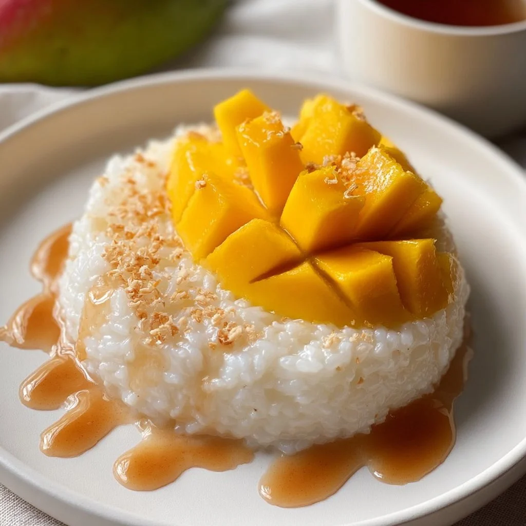 Delicious Mango Sticky Rice dessert topped with fresh mango slices.