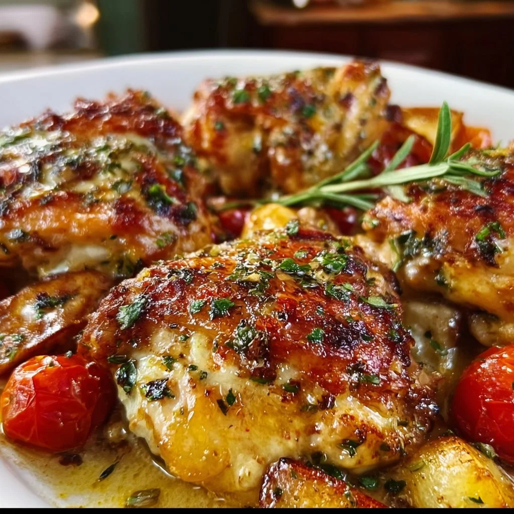 One pan Mediterranean chicken thighs with vibrant herbs and spices.