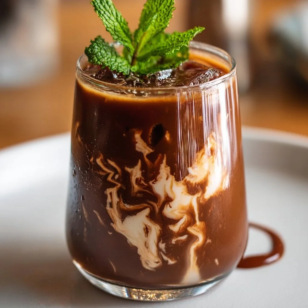 Delicious mint chocolate cold brew topped with mint leaves and chocolate shavings.