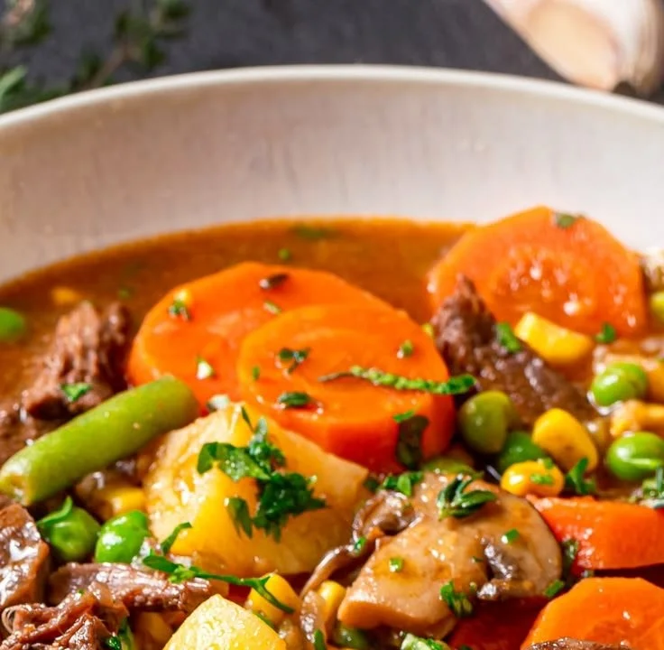 Bowl of authentic Mulligan Stew with fresh ingredients and vegetables.