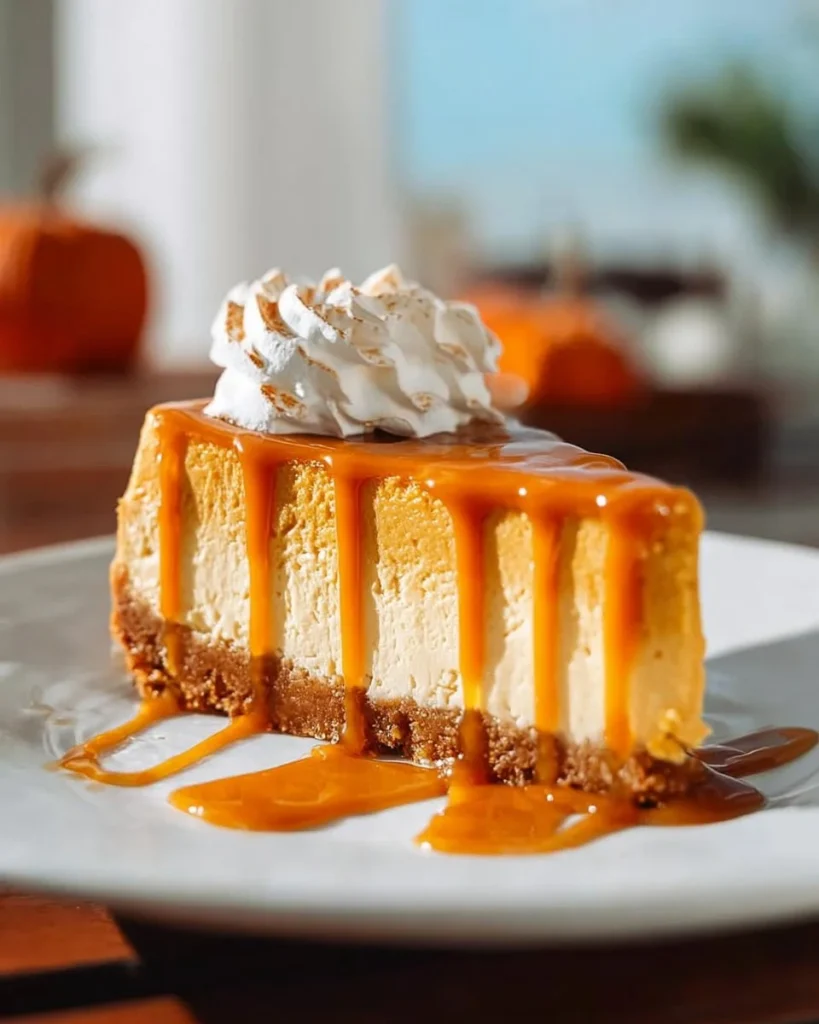 No bake pumpkin cheesecake topped with whipped cream and spices