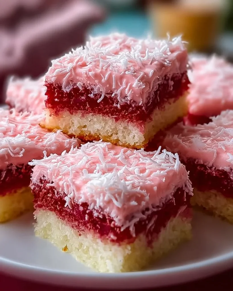 Pink Coconut Snowball Cake Bars topped with coconut frosting