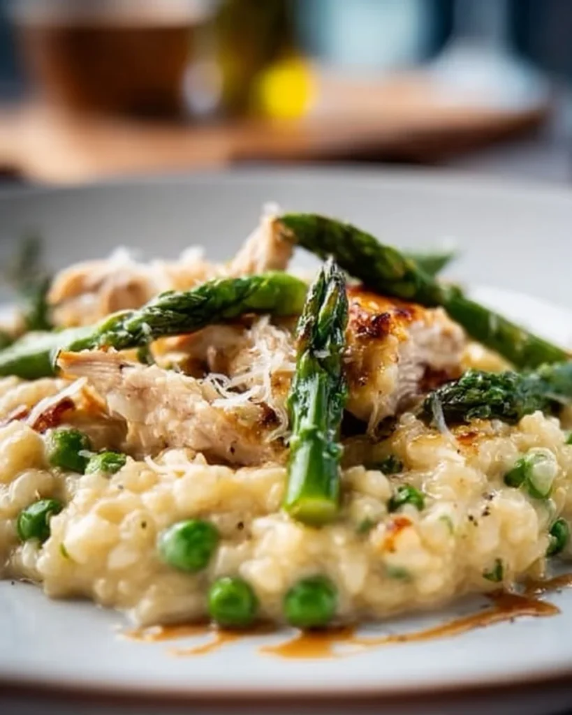 Quick cauliflower risotto with chicken and asparagus served in a bowl.