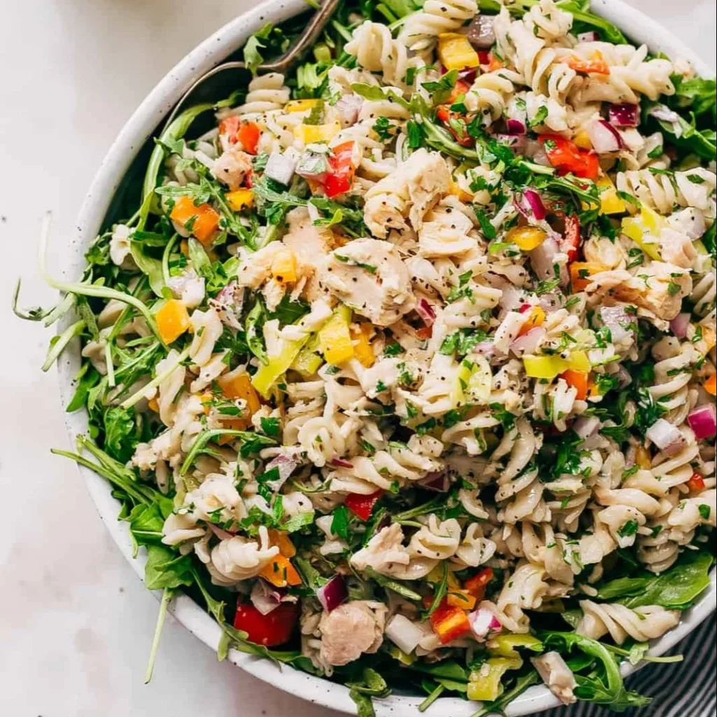 Delicious quick summer tuna pasta salad served in a bowl with fresh ingredients