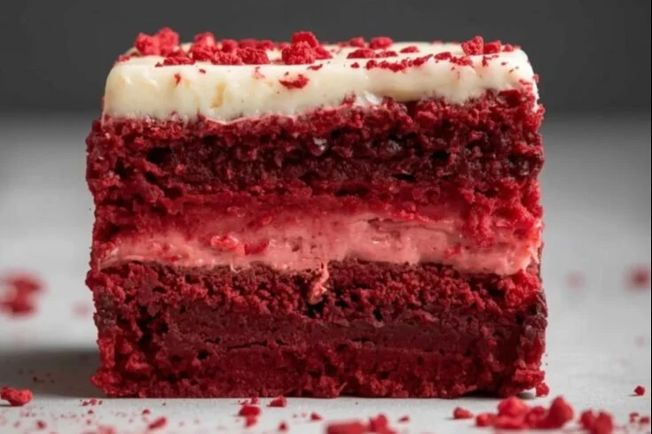 Delicious red velvet cheesecake brownies topped with cream cheese frosting.
