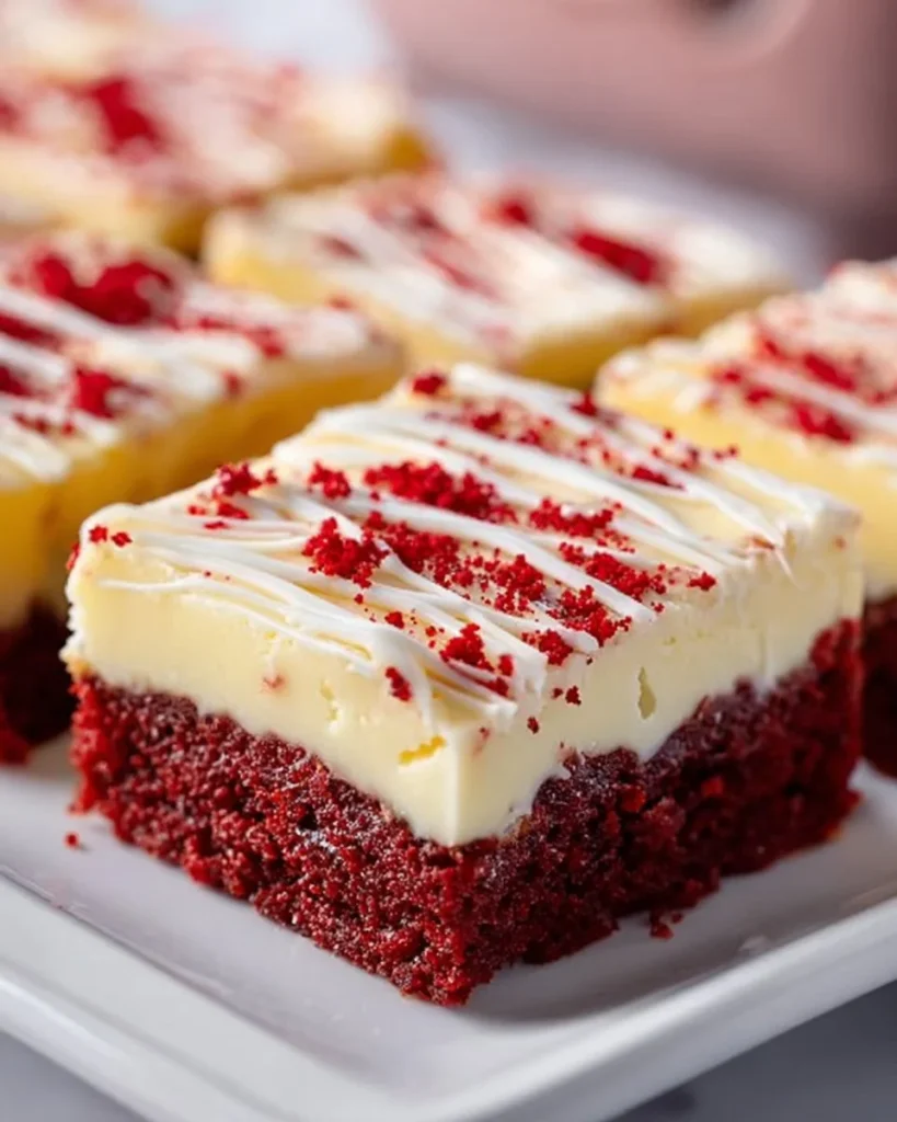 Delicious Red Velvet Cookie Bars displayed on a plate with sprinkles
