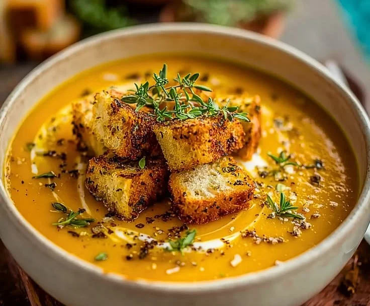 Bowl of creamy roasted butternut squash soup with garnishes