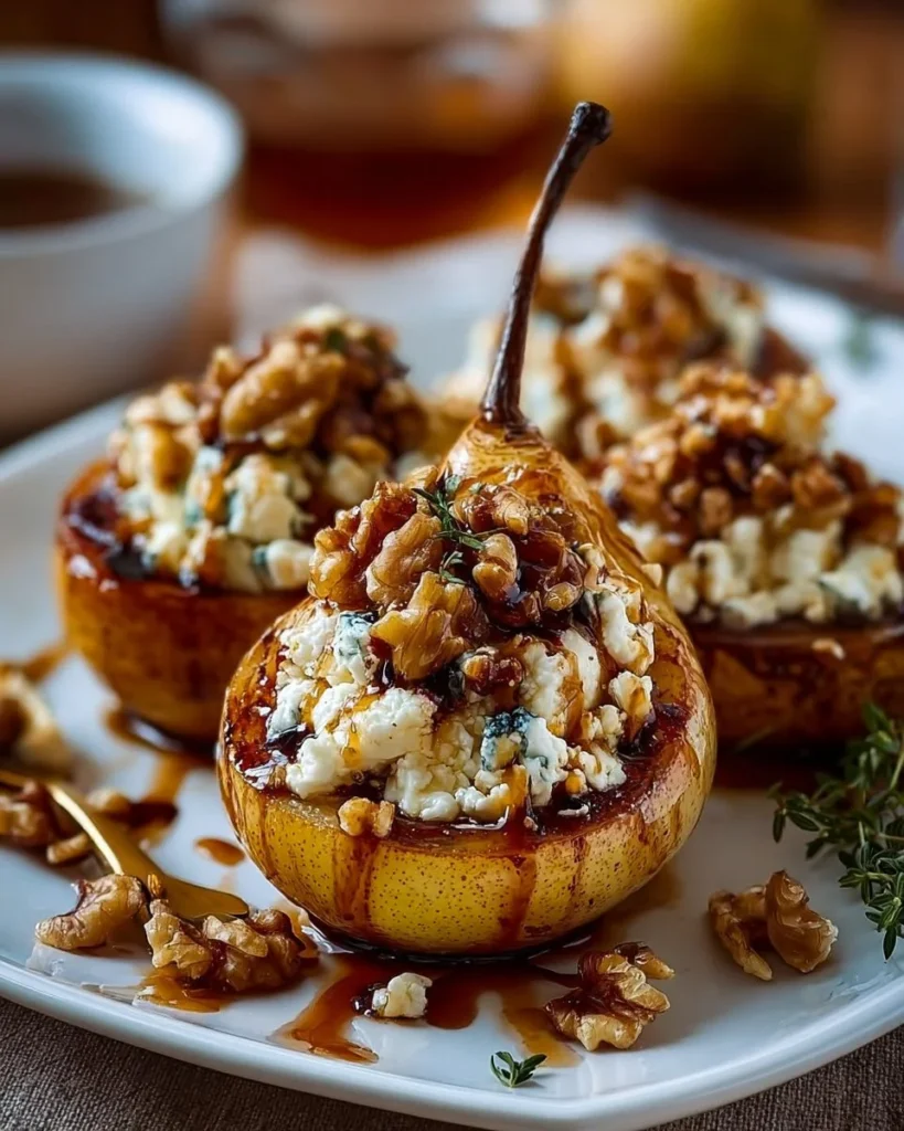 Delicious roasted pears with goat cheese and maple walnut drizzle served on a plate.