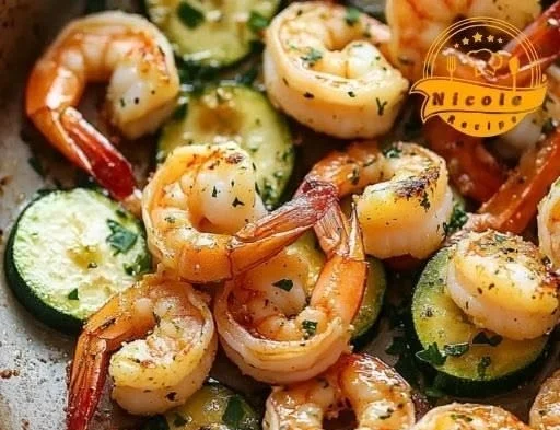Garlic Parmesan Sheet Pan Shrimp with Zucchini served on a plate
