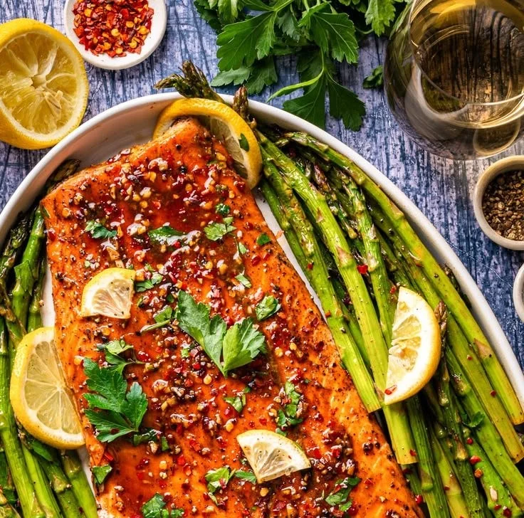 Sheet pan maple-glazed salmon with lemon asparagus on a serving platter.