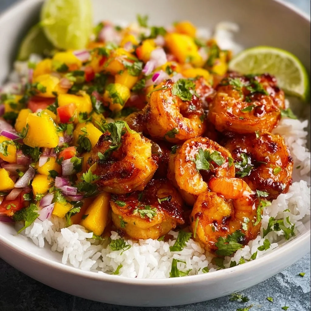 Shrimp and Mango Salsa Bowl garnished with fresh herbs and limes