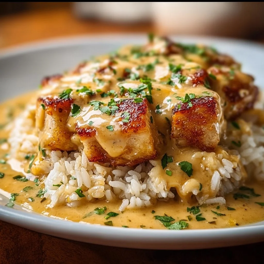 Delicious plate of Smothered Chicken served over fluffy rice