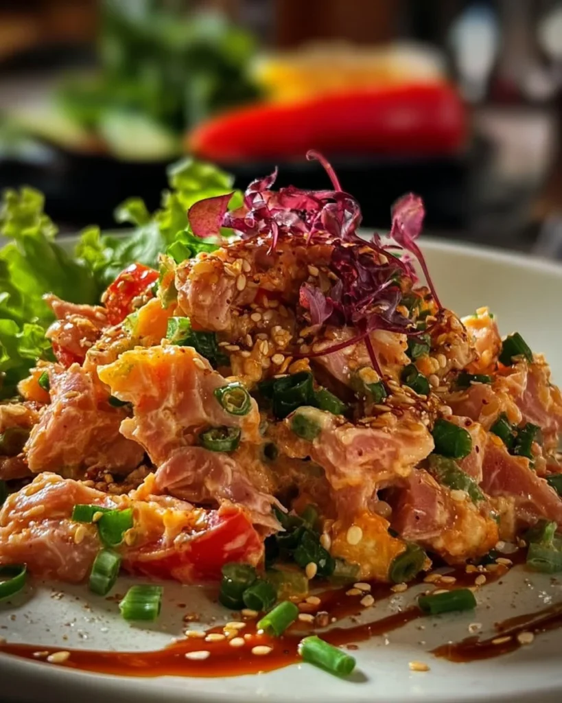 A vibrant bowl of spicy tuna salad garnished with fresh vegetables.