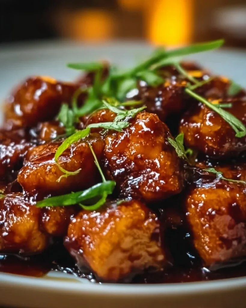 Delicious sticky apricot chicken served with fresh herbs on a plate.