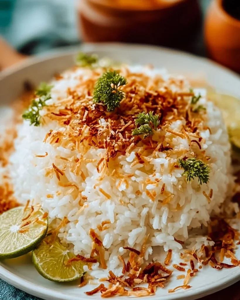 Bowl of flavorful Thai coconut rice garnished with herbs and served with curry.