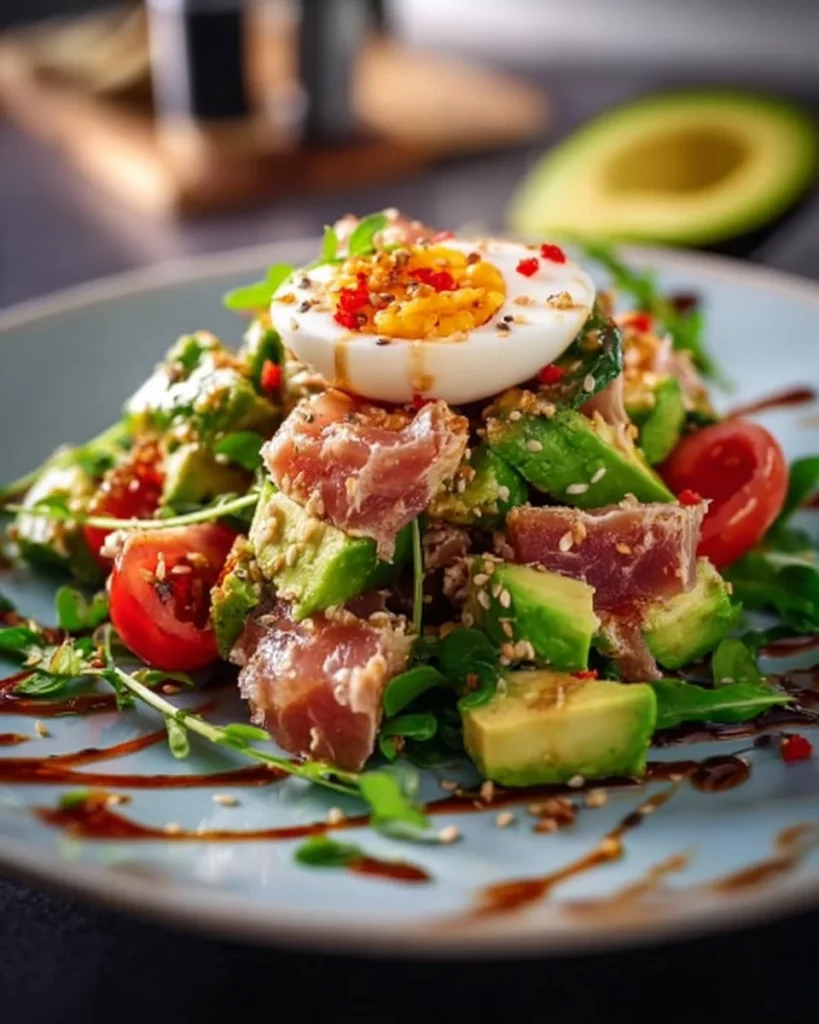 Fresh Tuna Avocado Salad with vegetables and dressing in a bowl.