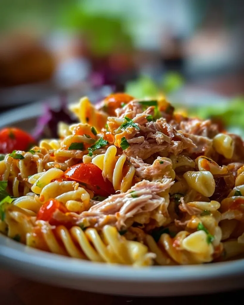 Colorful bowl of tuna pasta salad with vegetables and dressing