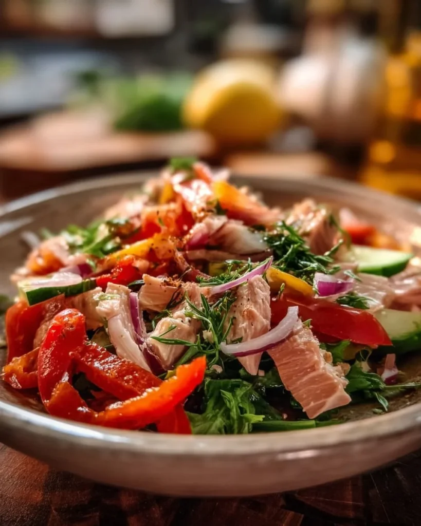 Tuna salad with roasted red peppers served in a bowl garnished with herbs.