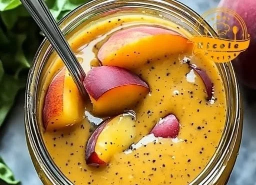 Delicious Peach Honey Dijon Vinaigrette drizzled over fresh salad greens.