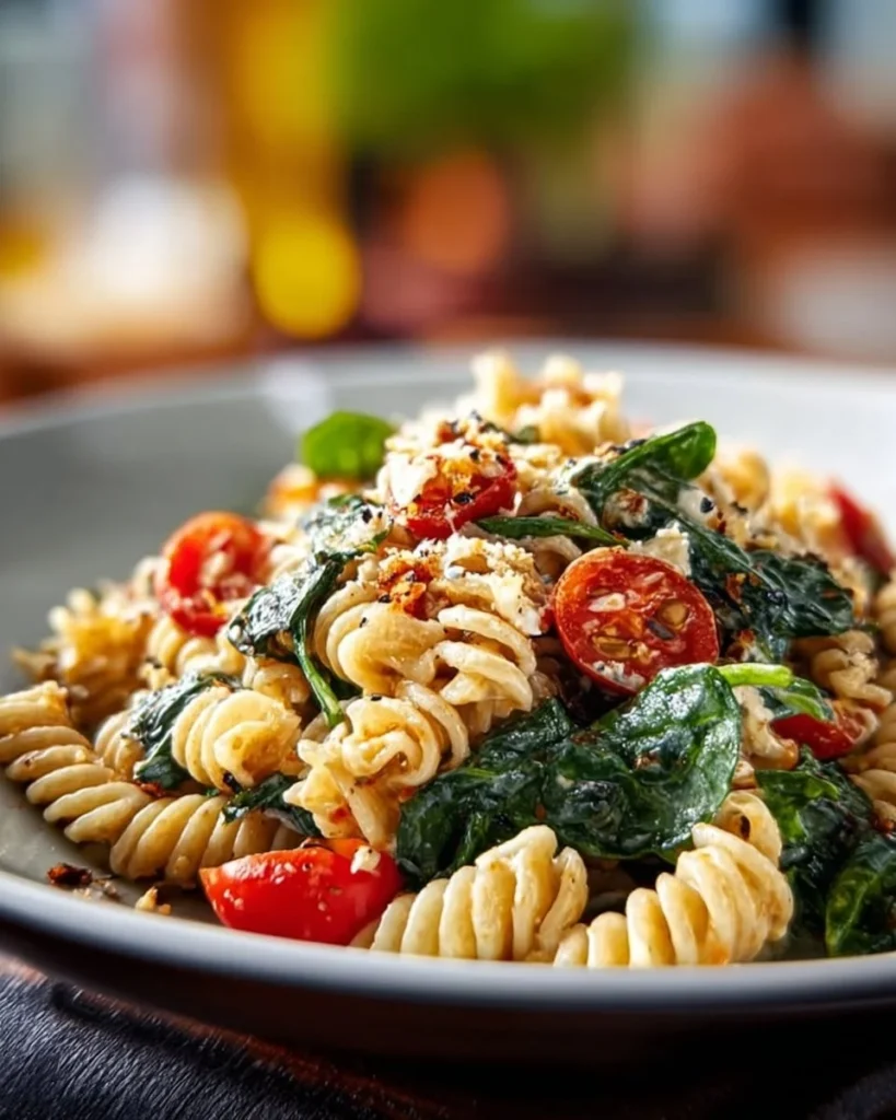 Zesty spinach pasta salad with fresh vegetables and dressing in a bowl