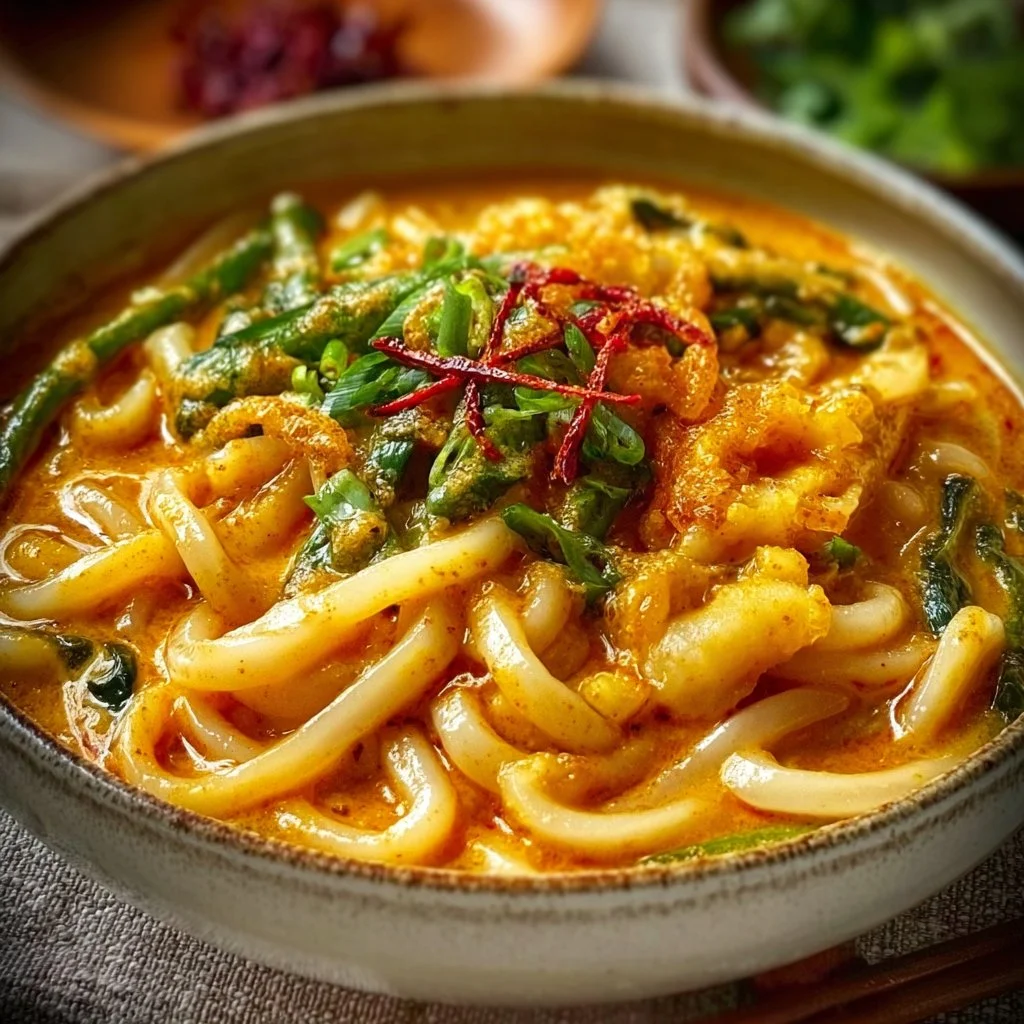 Creamy curry udon dish garnished with fresh herbs and vegetables