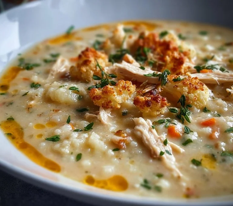 Bowl of cauliflower chicken soup garnished with herbs and served with bread