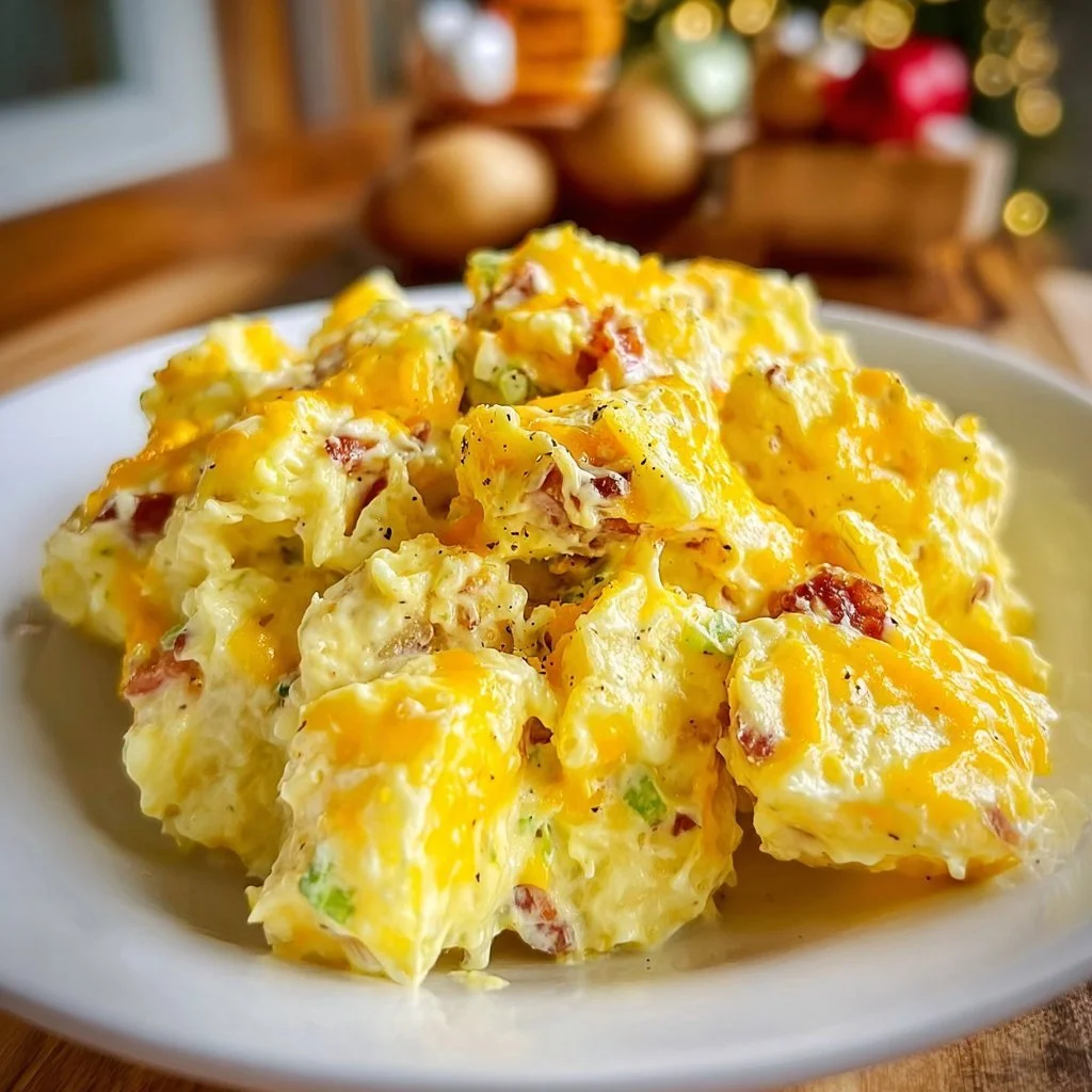 Bowl of creamy Amish Potato Salad garnished with herbs and served at a picnic.