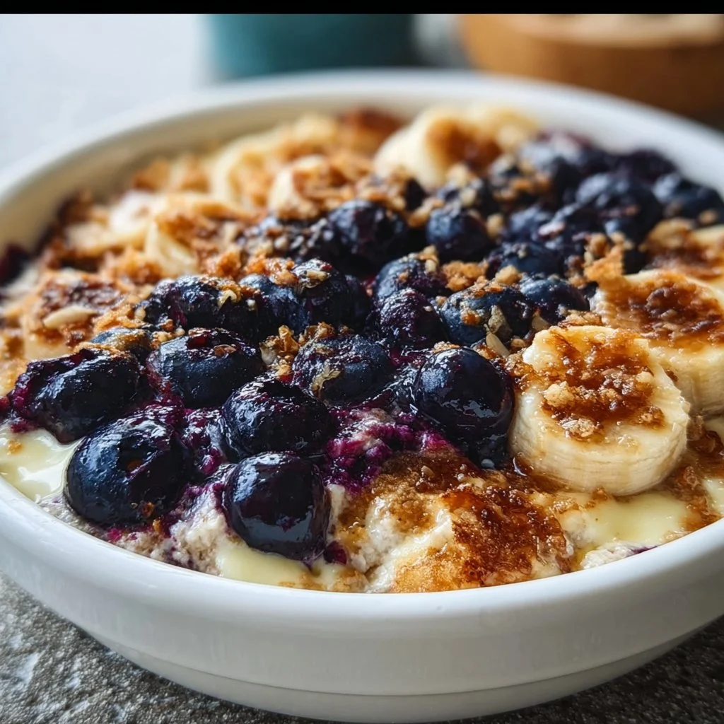 Delicious baked blueberry breakfast bowl with cottage cheese and fresh berries