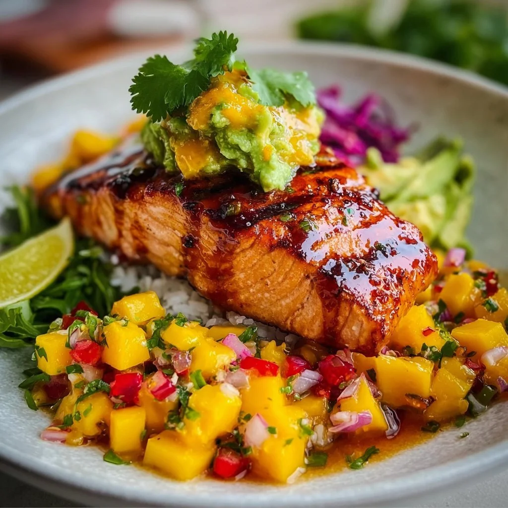 BBQ Salmon Bowls with Mango Avocado Salsa