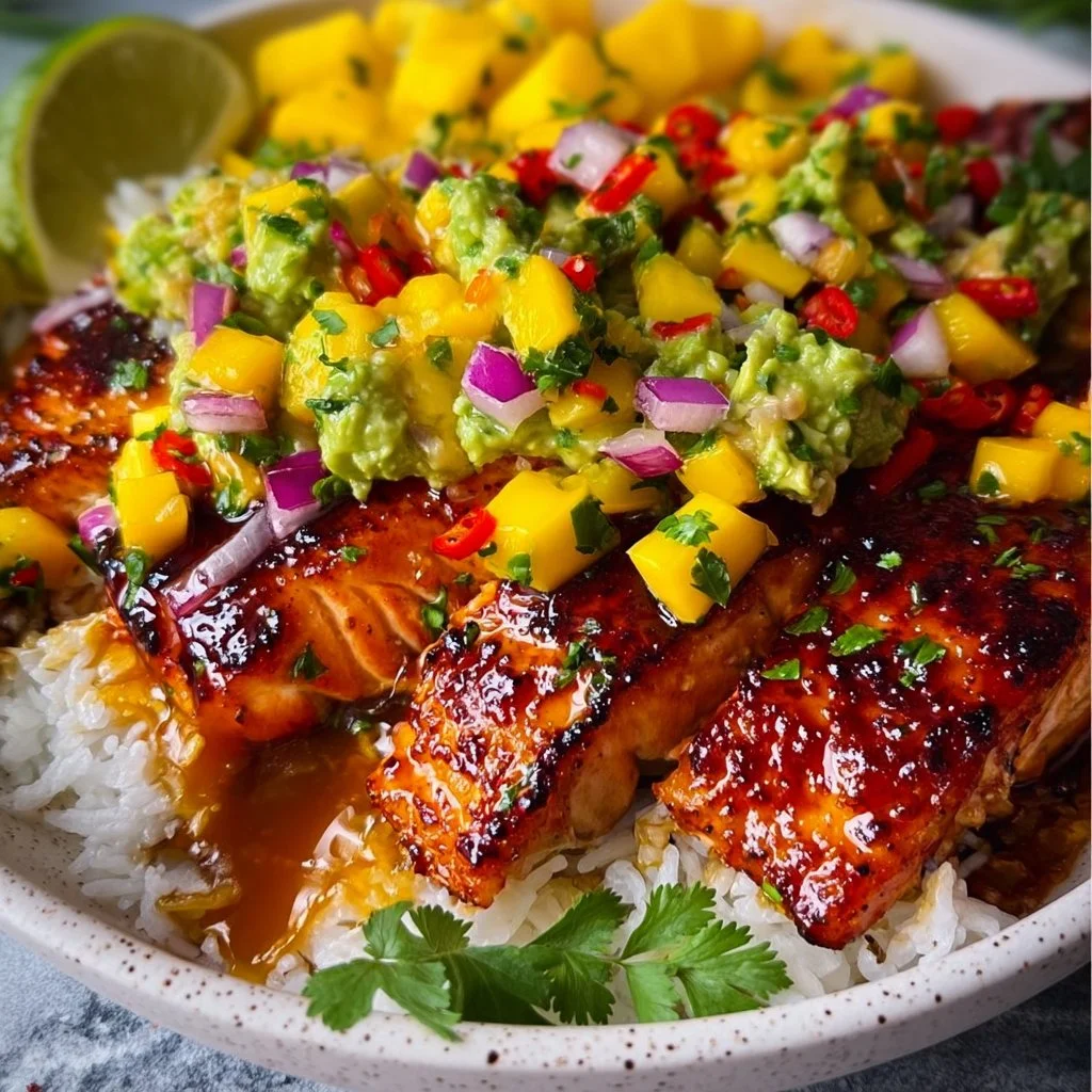 BBQ Salmon Bowls with Mango Avocado Salsa