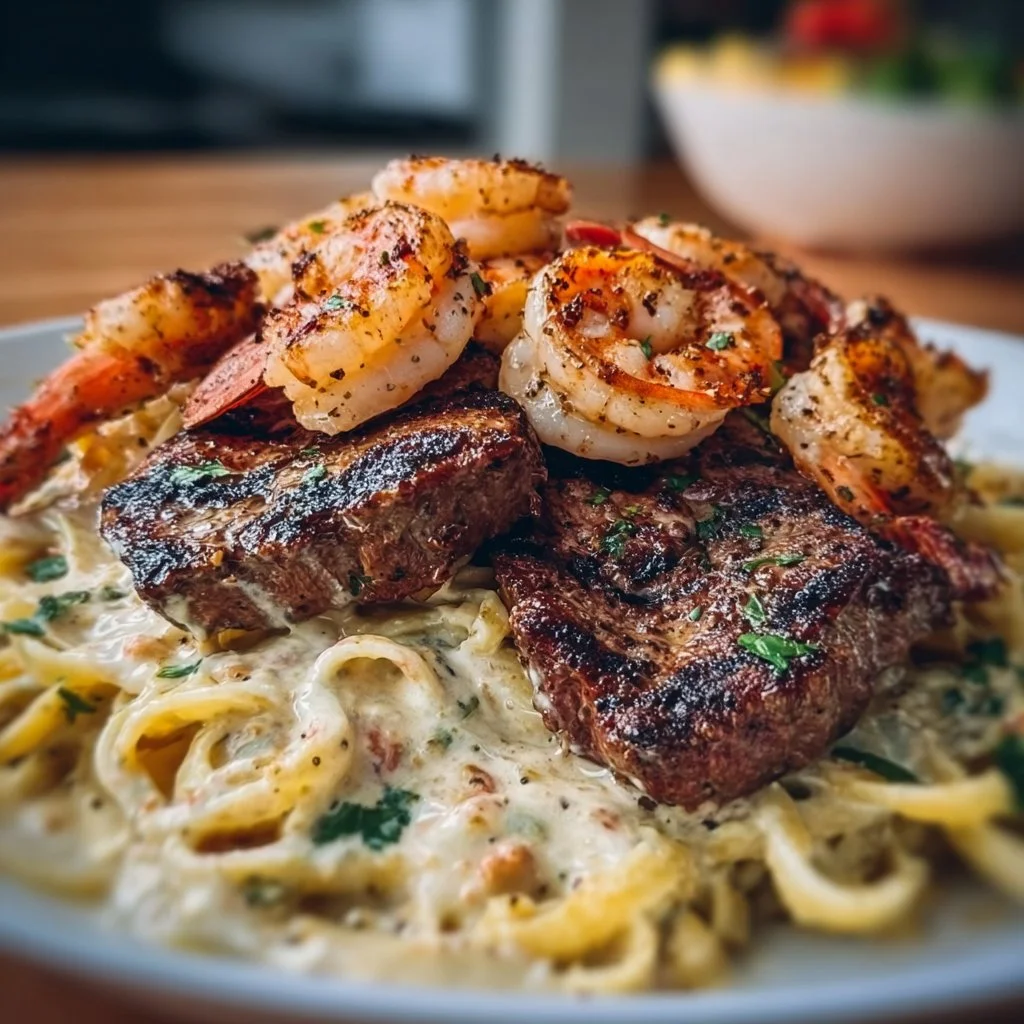 Delicious Blackened Steak and Shrimp Alfredo served with creamy sauce