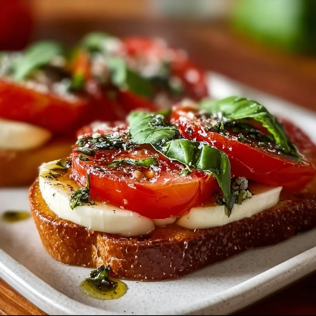 Delicious Caprese Bruschetta topped with fresh tomatoes, mozzarella, and basil