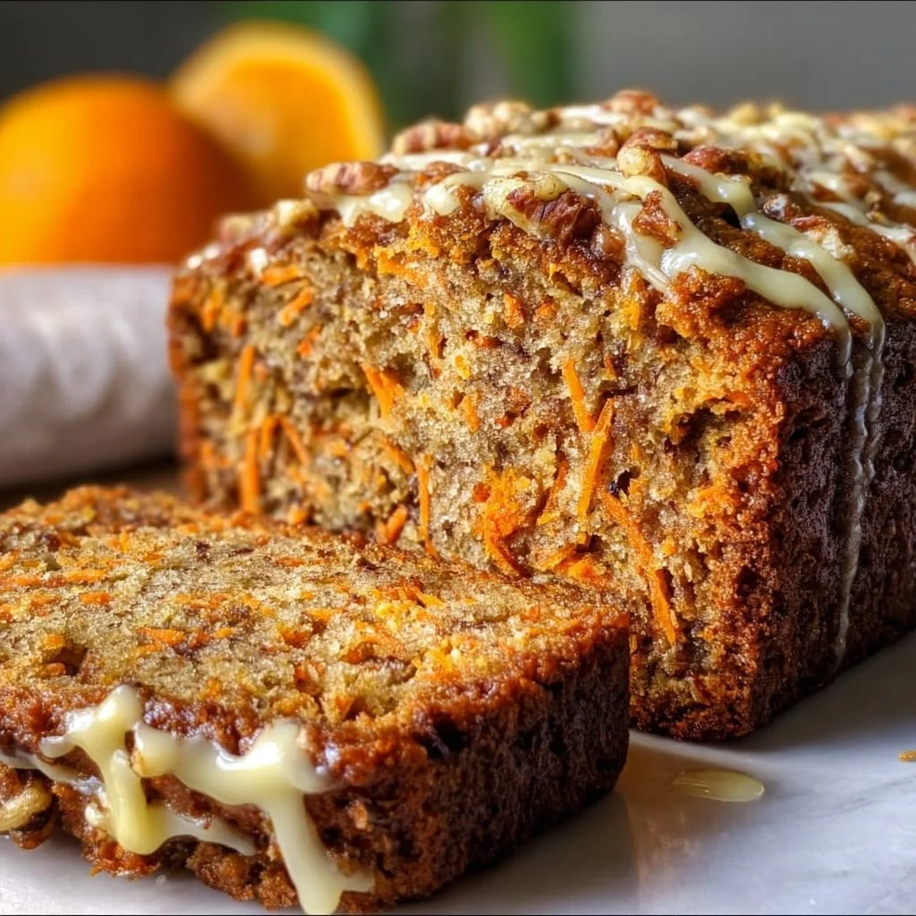 Freshly baked Carrot Quick Bread Loaf on a wooden table.