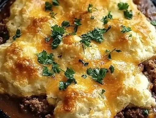 A delicious Cheddar Bay Ground Beef Cobbler served in a rustic dish