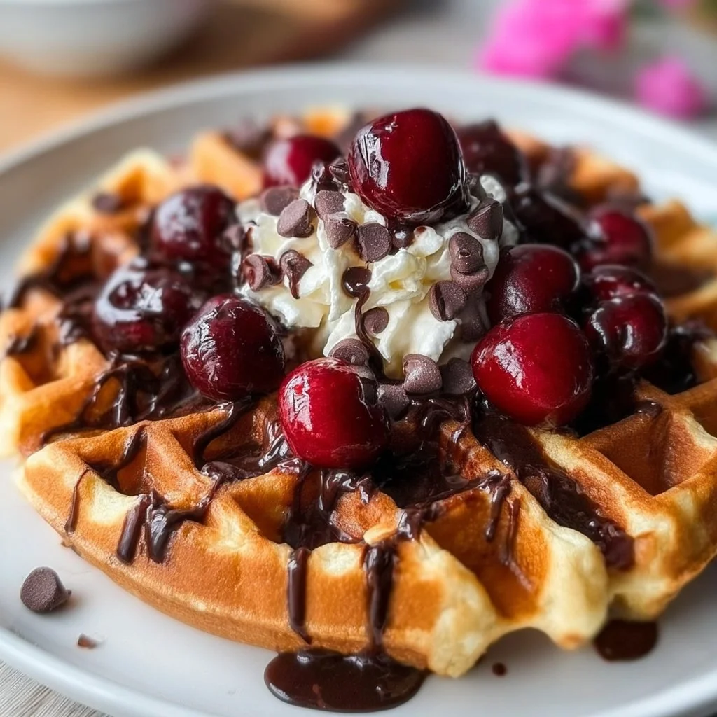 Delicious cherry chocolate chip waffles served with syrup and berries