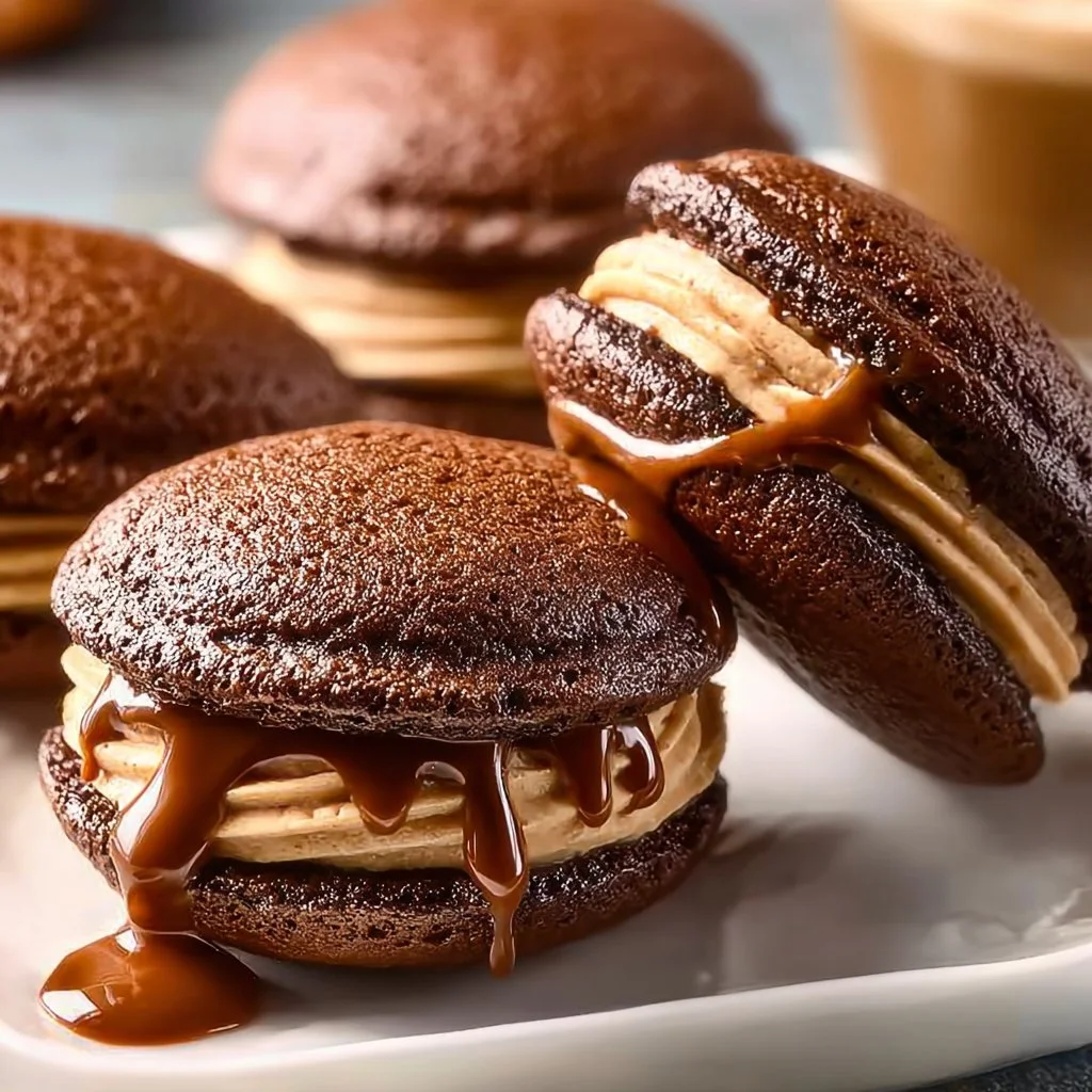 Chocolate coffee whoopie pies with rich cream filling on a decorative plate