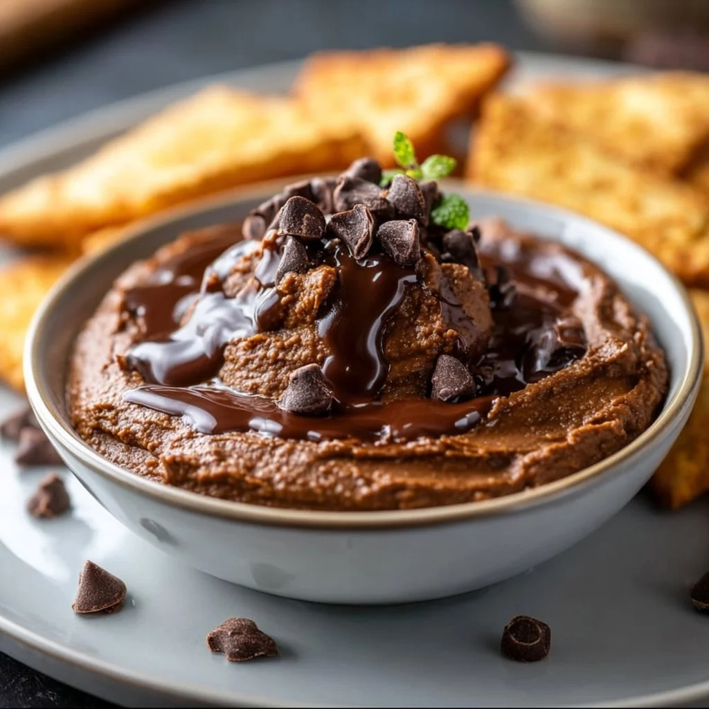 A bowl of creamy chocolate hummus topped with cacao and served with fruit.