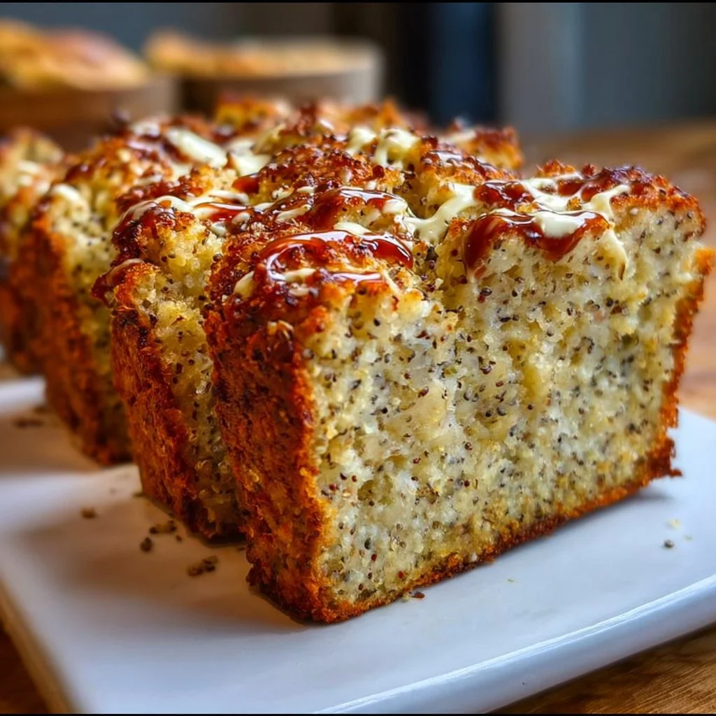 Freshly baked cottage cheese quinoa bread sliced on a wooden board
